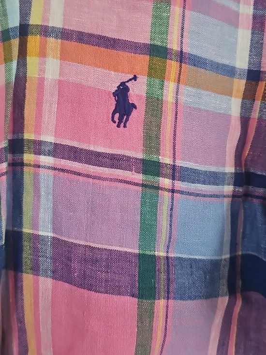 Ralph Lauren Linen Plaid Button Down Shirt Mens Small Pony Logo Summer - Picture 2 of 8